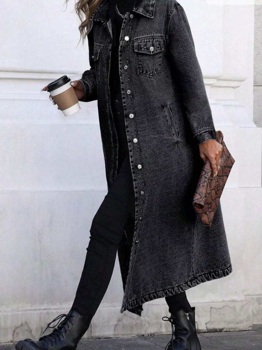 Longline Button-Front Denim Jacket-Nordavory