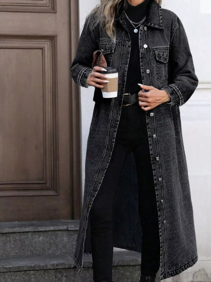 Longline Button-Front Denim Jacket-Nordavory