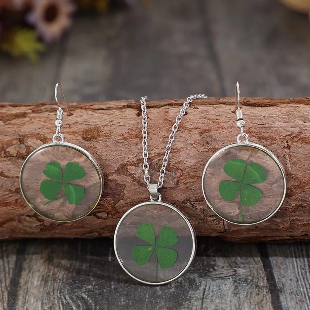 Lucky Clover Alloy Acrylic Earrings and Necklace Jewelry Set-Nordavory