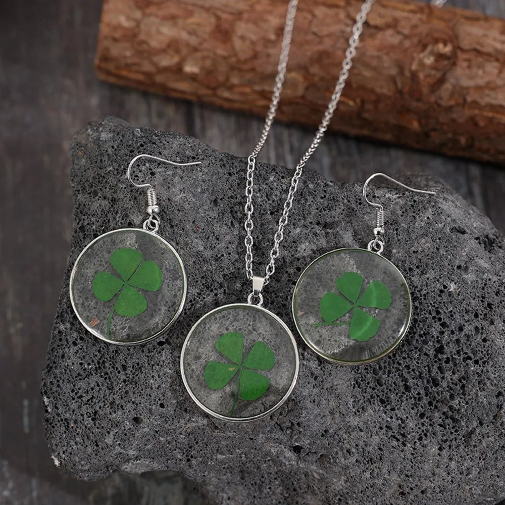 Lucky Clover Alloy Acrylic Earrings and Necklace Jewelry Set-Nordavory