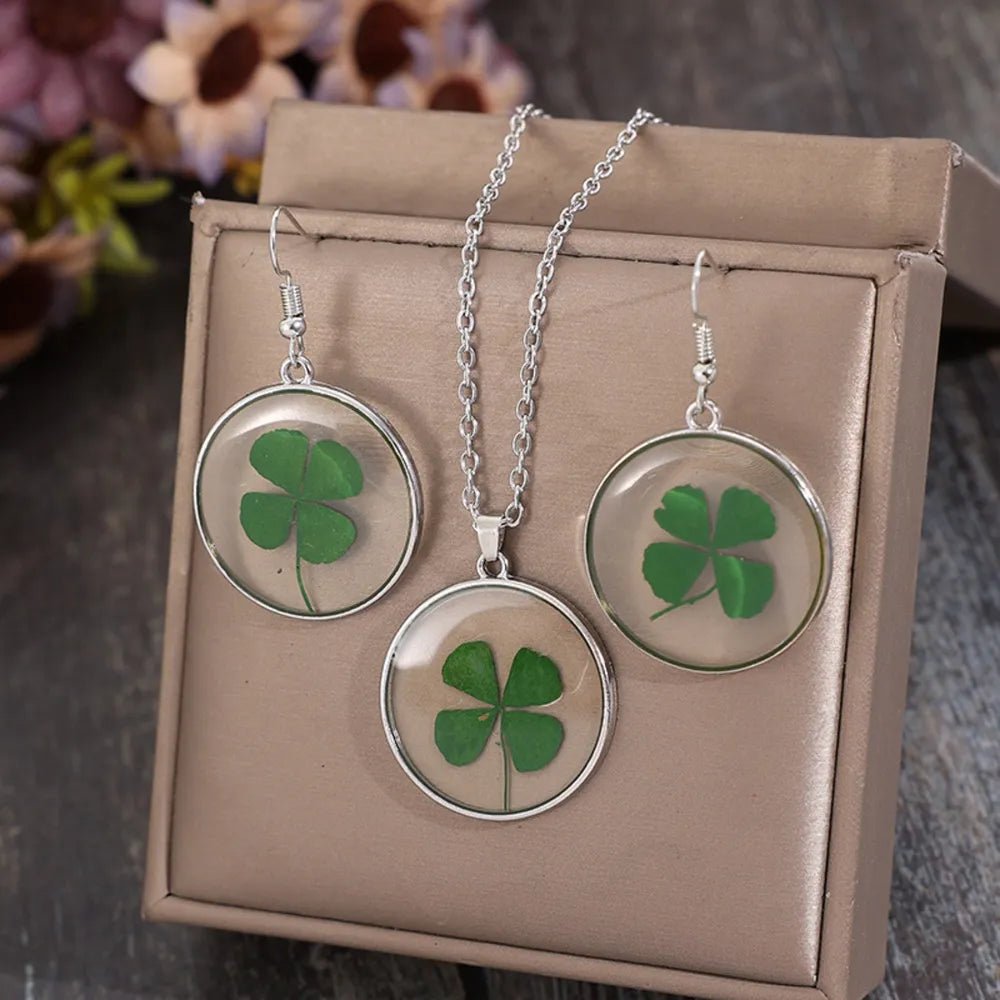 Lucky Clover Alloy Acrylic Earrings and Necklace Jewelry Set-Nordavory