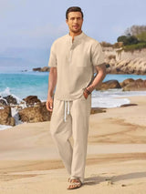 Men's Full Size Half Button Top and Drawstring Pants Set Plus Size - Nordavory