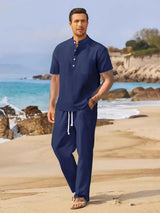 Men's Full Size Half Button Top and Drawstring Pants Set Plus Size - Nordavory