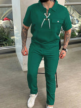 Men's Full Size Lace Up Short Sleeve Top and Pants Plus Size - Nordavory