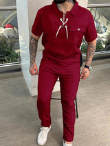 Men's Full Size Lace Up Short Sleeve Top and Pants Plus Size - Nordavory