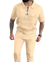 Men's Full Size Lace Up Short Sleeve Top and Pants Plus Size - Nordavory
