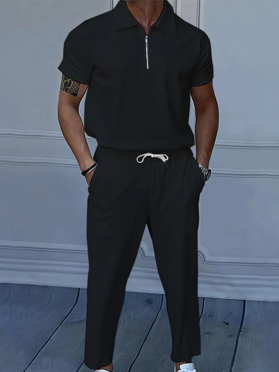 Men's Full Size Quarter Zip Short Sleeve Polo and Pants Set Plus Size - White / S - Image 10