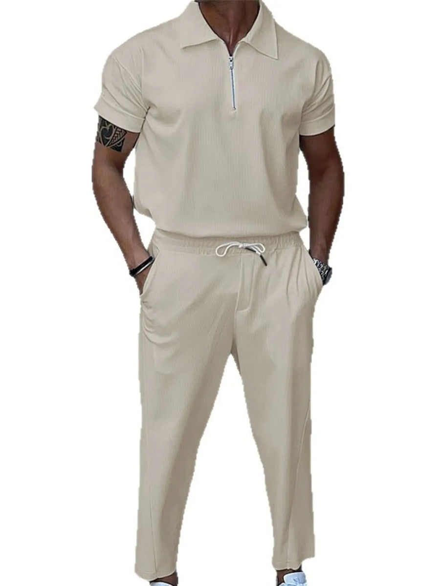 Men's Full Size Quarter Zip Short Sleeve Polo and Pants Set Plus Size - White / S - Image 8