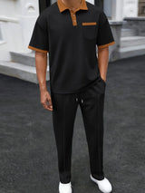 Men's Full Size Waffle - Knit Contrast Polo and Pants Set Plus Size - Nordavory