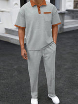 Men's Full Size Waffle-Knit Contrast Polo and Pants Set Plus Size - Beige / S - Image 6