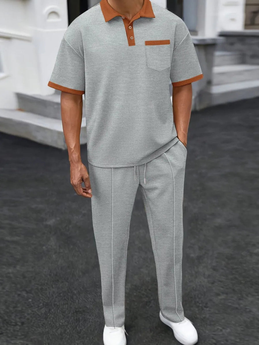 Men's Full Size Waffle-Knit Contrast Polo and Pants Set Plus Size - Beige / S - Image 2