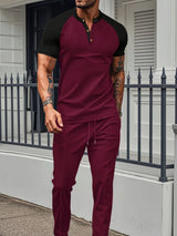 Men's Full Size Waffle - Knit Contrast Top and Drawstring Pants Set Plus Size - Nordavory