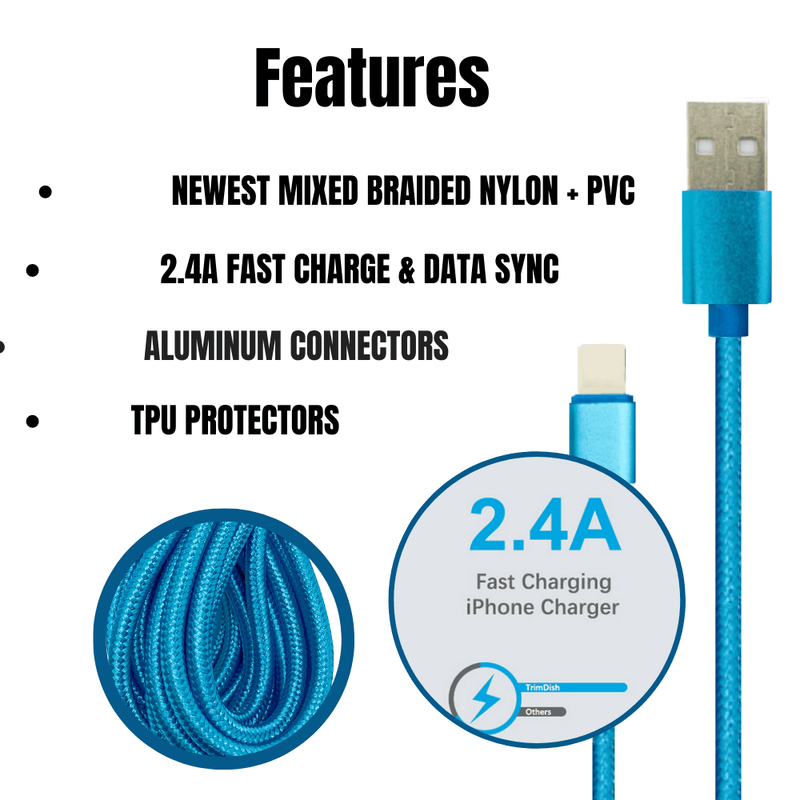 PBG 10FT Nylon Woven Zebra Pattern Fast Charging Cable for iPhone and - Nordavory