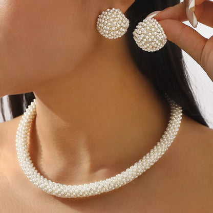 Pearl Embellished Earrings and Necklace Jewelry Set-Nordavory
