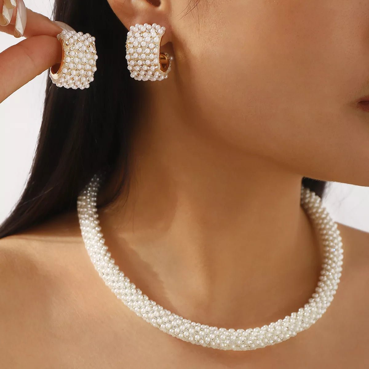 Pearl Embellished Earrings and Necklace Jewelry Set-Nordavory