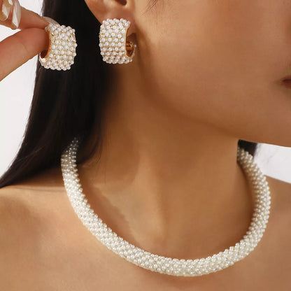 Pearl Embellished Earrings and Necklace Jewelry Set-Nordavory