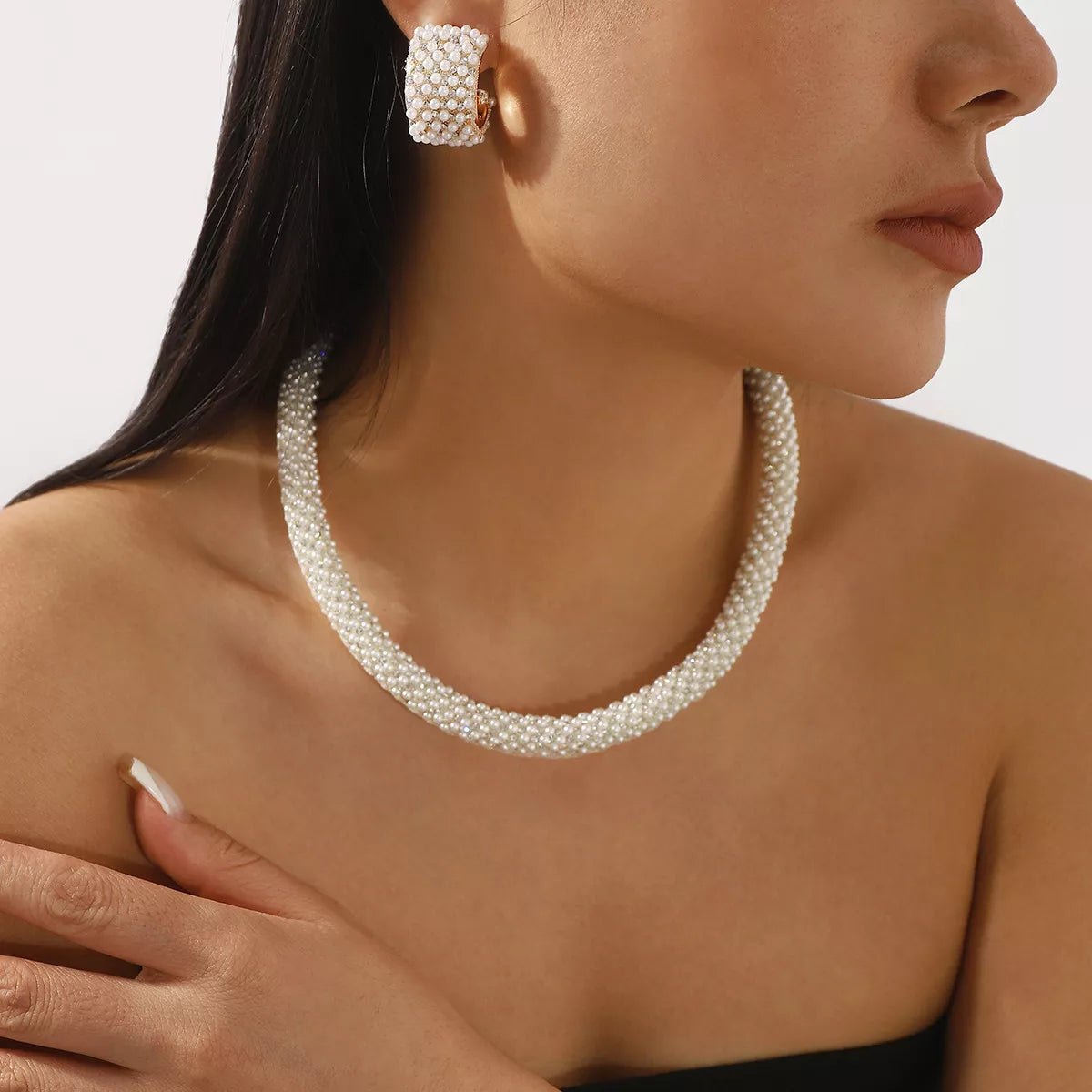 Pearl Embellished Earrings and Necklace Jewelry Set-Nordavory
