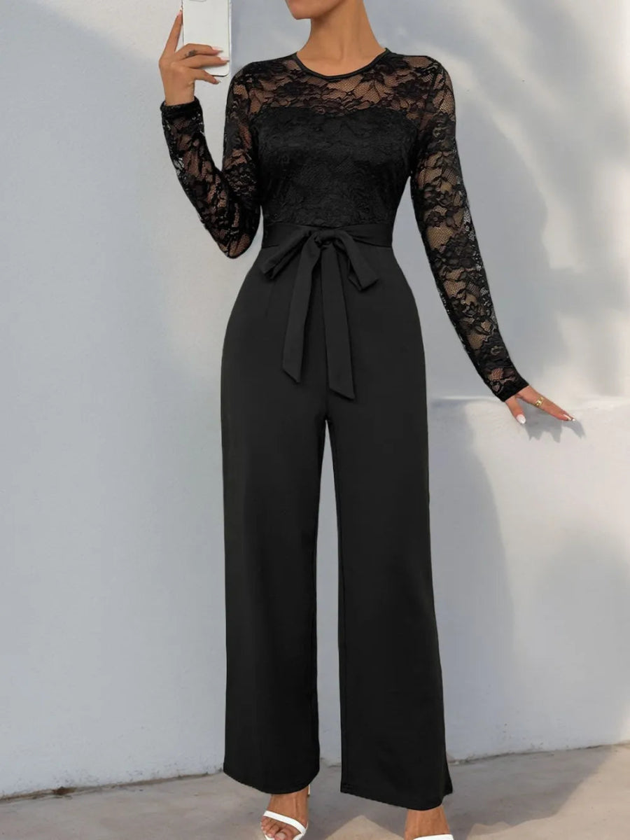Perfee Lace Round Neck Long Sleeve Jumpsuit-Nordavory