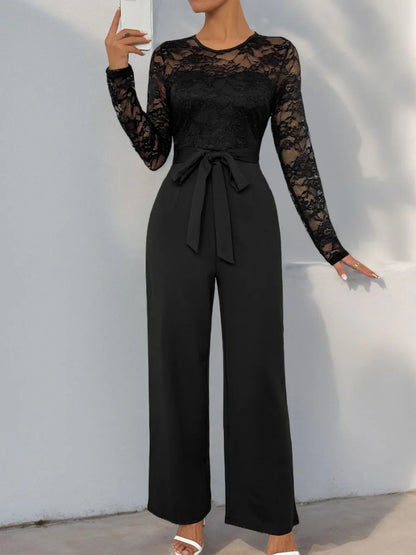 Perfee Lace Round Neck Long Sleeve Jumpsuit-Nordavory