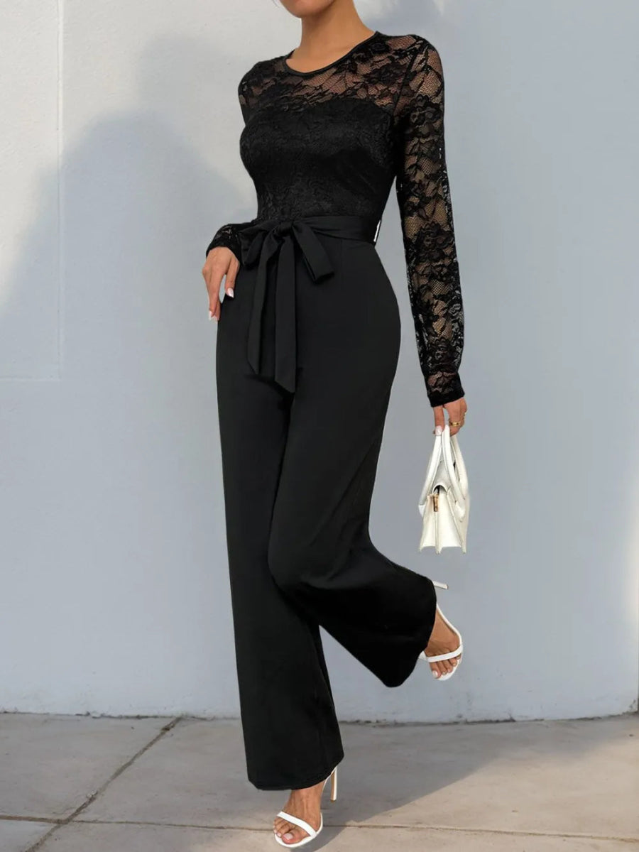 Perfee Lace Round Neck Long Sleeve Jumpsuit-Nordavory