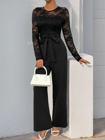 Perfee Lace Round Neck Long Sleeve Jumpsuit-Nordavory