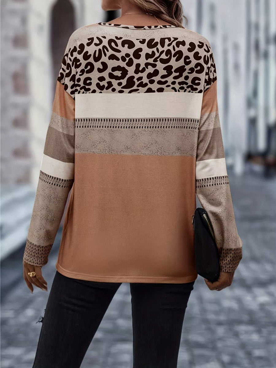 Plus Size Leopard Print Color Block Long Sleeve T-Shirt-Nordavory