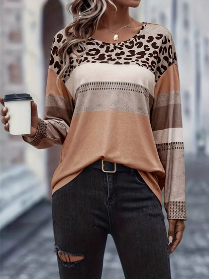 Plus Size Leopard Print Color Block Long Sleeve T-Shirt-Nordavory
