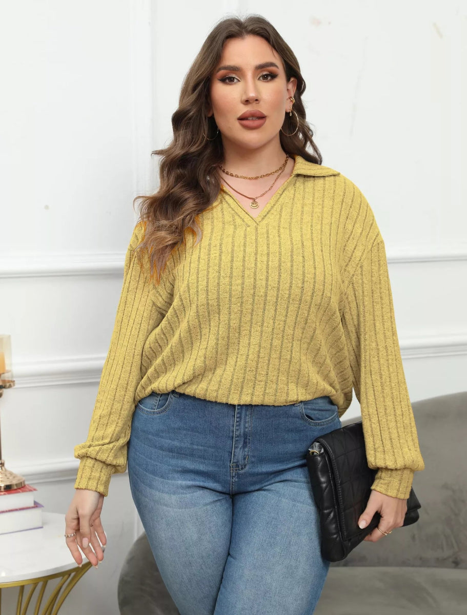 Plus Size Ribbed Knit Polo Collar T-Shirt-Nordavory