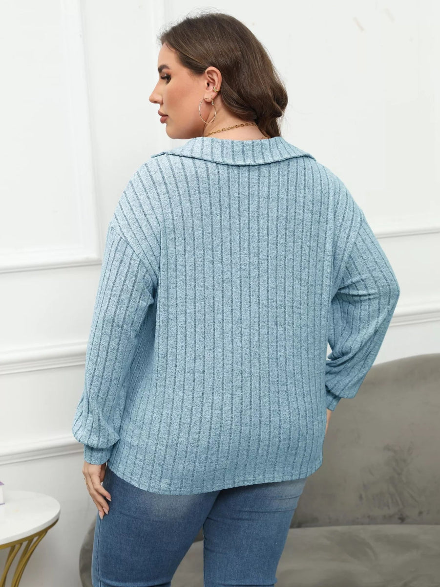 Plus Size Ribbed Knit Polo Collar T-Shirt-Nordavory