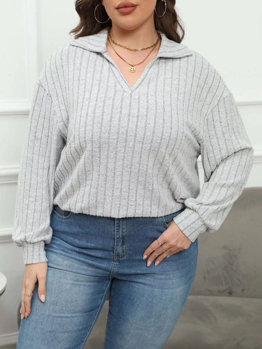 Plus Size Ribbed Knit Polo Collar T-Shirt-Nordavory