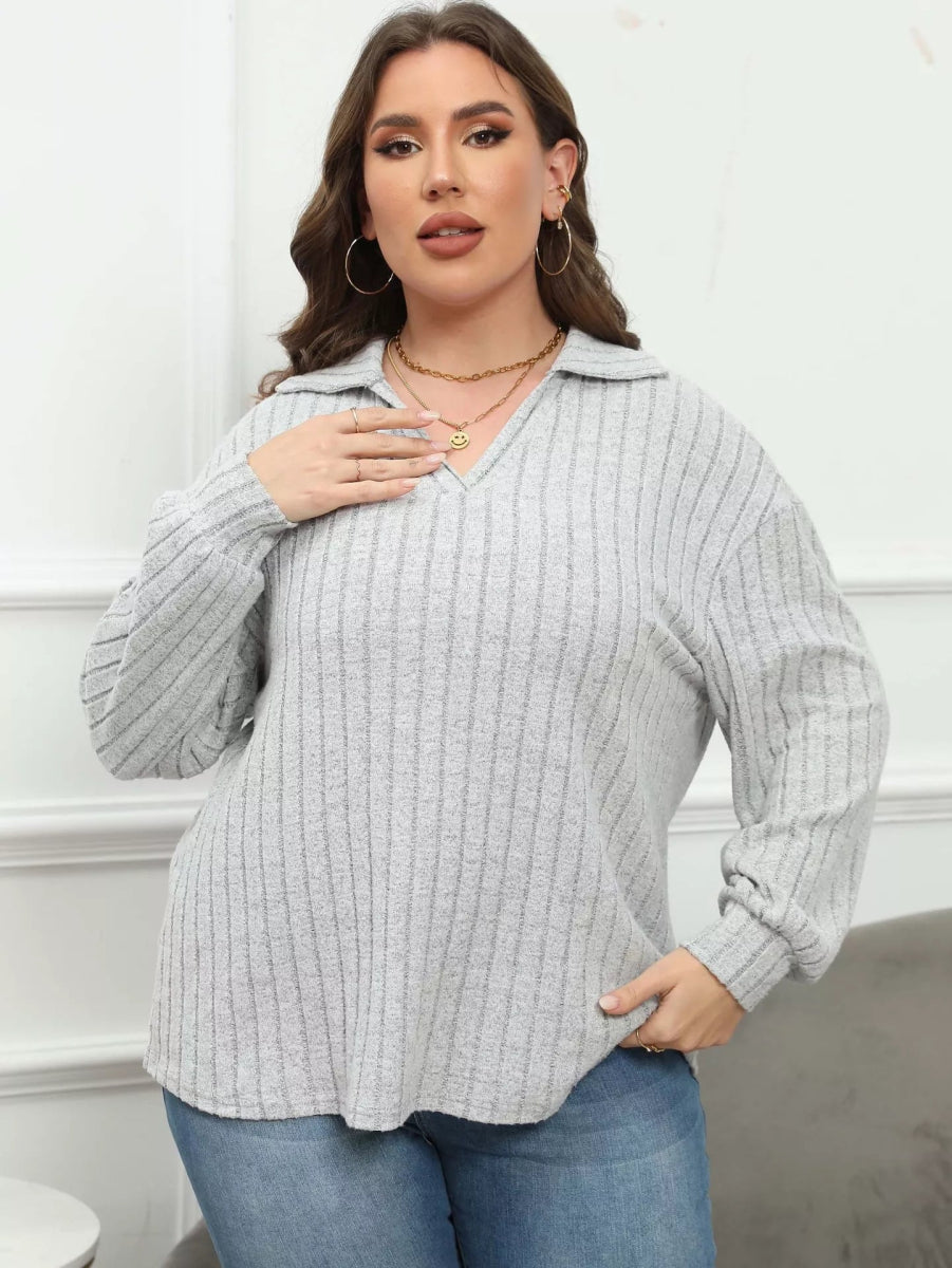 Plus Size Ribbed Knit Polo Collar T-Shirt-Nordavory
