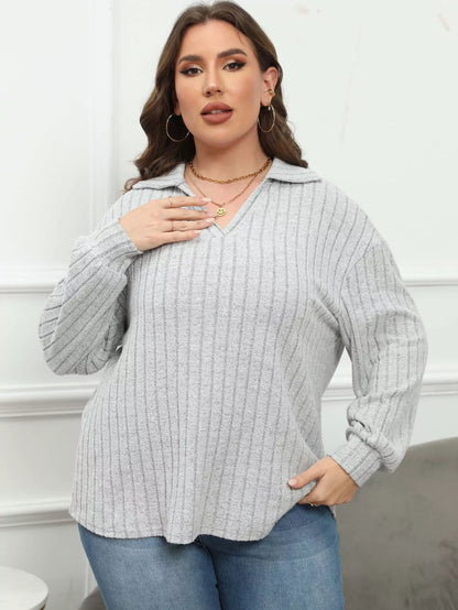 Plus Size Ribbed Knit Polo Collar T-Shirt-Nordavory