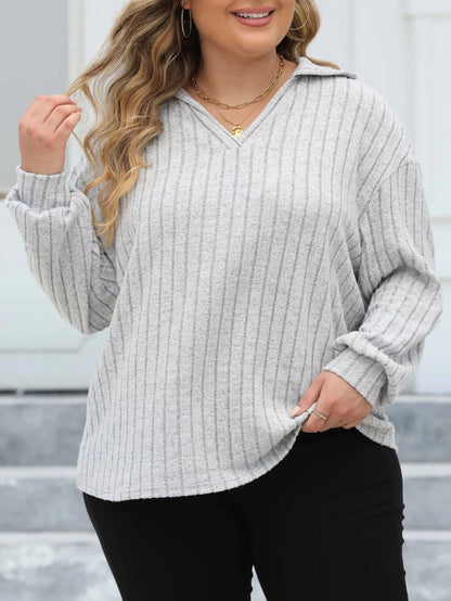 Plus Size Ribbed Knit Polo Collar T-Shirt-Nordavory