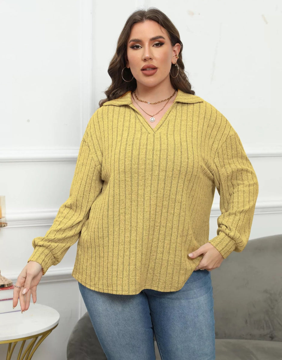 Plus Size Ribbed Knit Polo Collar T-Shirt-Nordavory