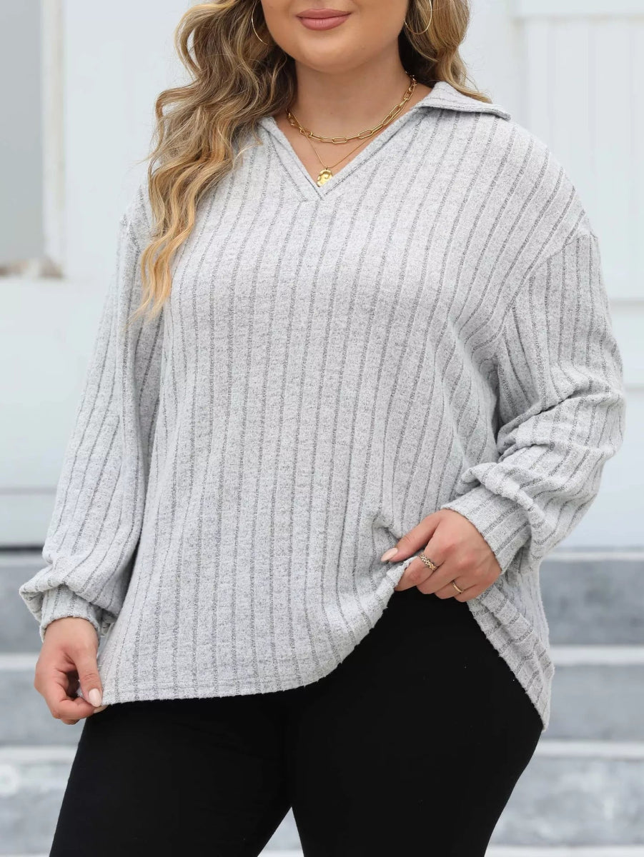 Plus Size Ribbed Knit Polo Collar T-Shirt-Nordavory