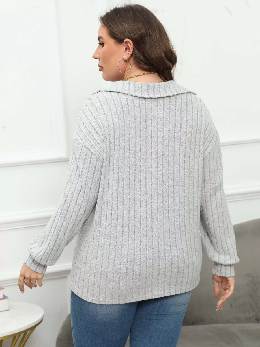 Plus Size Ribbed Knit Polo Collar T-Shirt-Nordavory