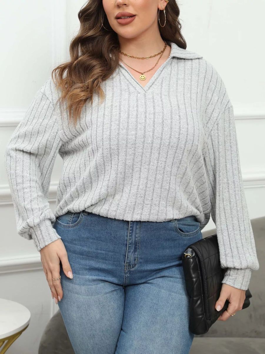 Plus Size Ribbed Knit Polo Collar T-Shirt-Nordavory