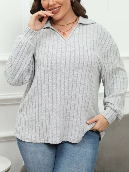 Plus Size Ribbed Knit Polo Collar T-Shirt-Nordavory