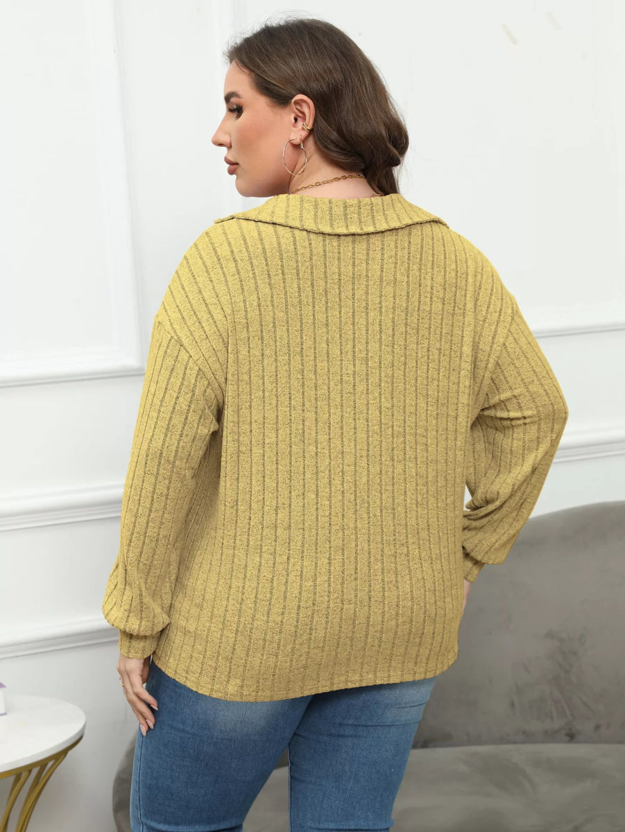 Plus Size Ribbed Knit Polo Collar T-Shirt-Nordavory