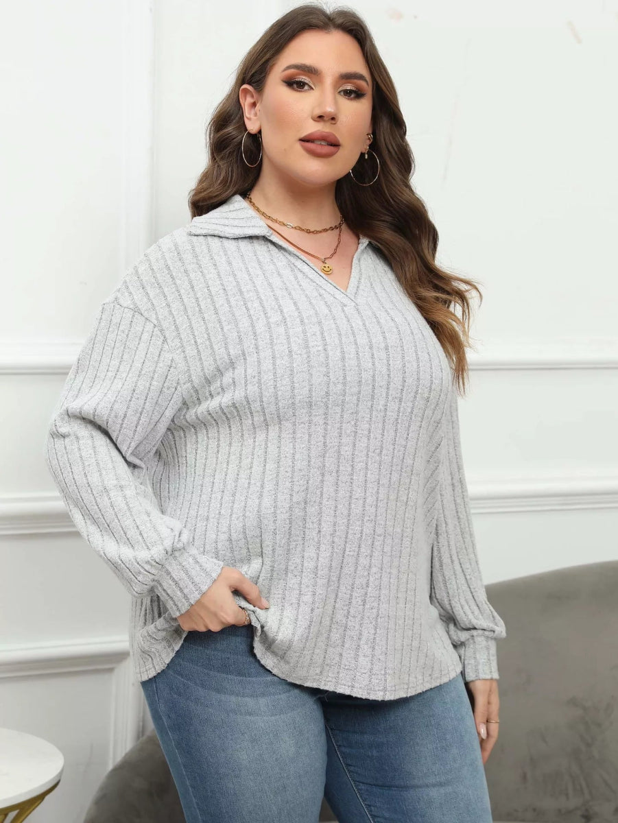 Plus Size Ribbed Knit Polo Collar T-Shirt-Nordavory