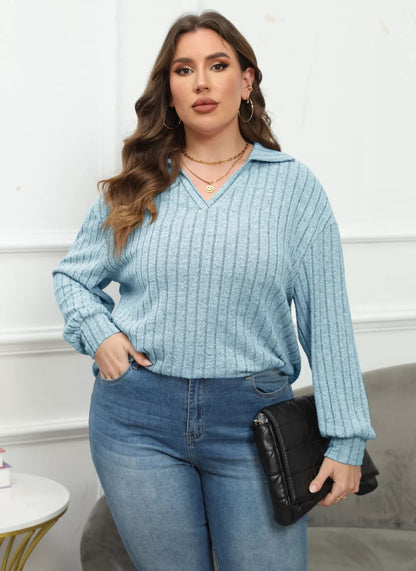 Plus Size Ribbed Knit Polo Collar T-Shirt-Nordavory