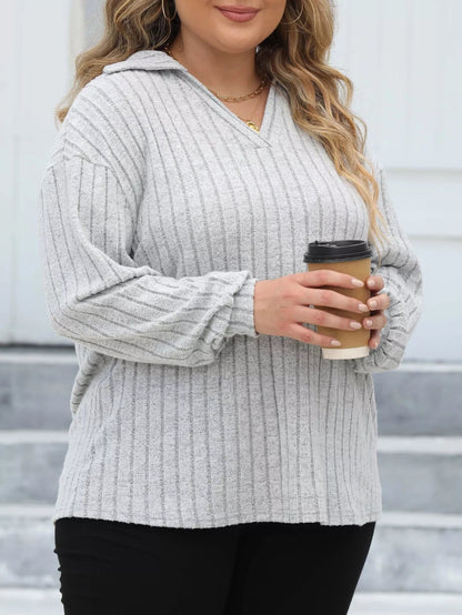 Plus Size Ribbed Knit Polo Collar T-Shirt-Nordavory