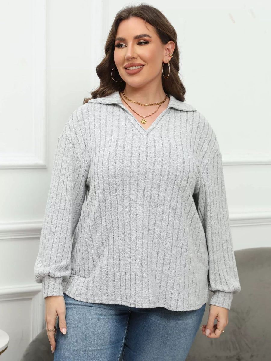 Plus Size Ribbed Knit Polo Collar T-Shirt-Nordavory