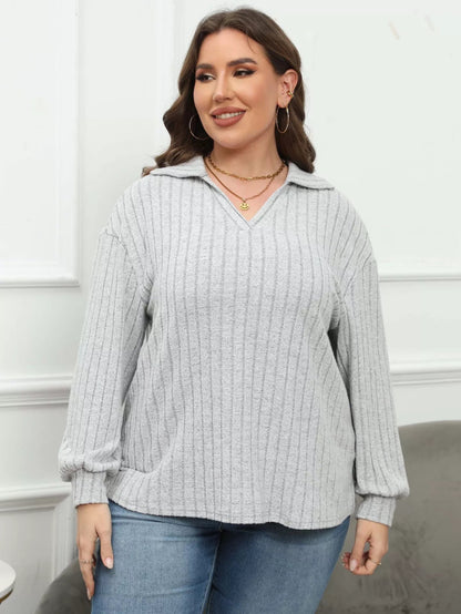 Plus Size Ribbed Knit Polo Collar T-Shirt-Nordavory
