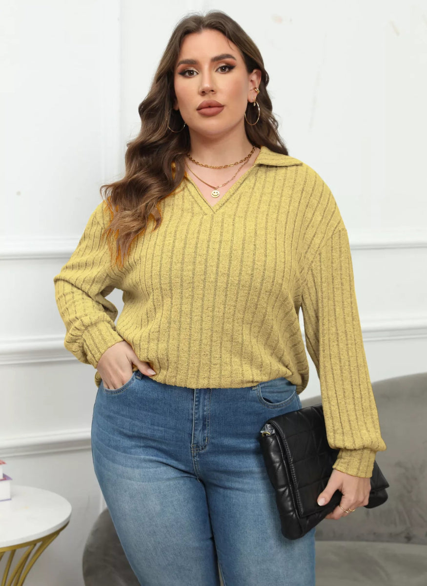 Plus Size Ribbed Knit Polo Collar T-Shirt-Nordavory