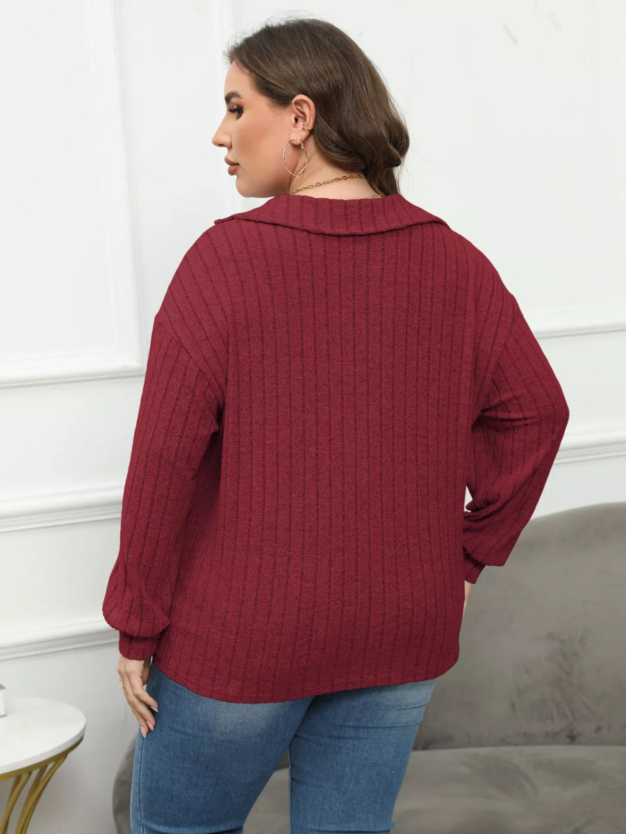 Plus Size Ribbed Knit Polo Collar T-Shirt-Nordavory