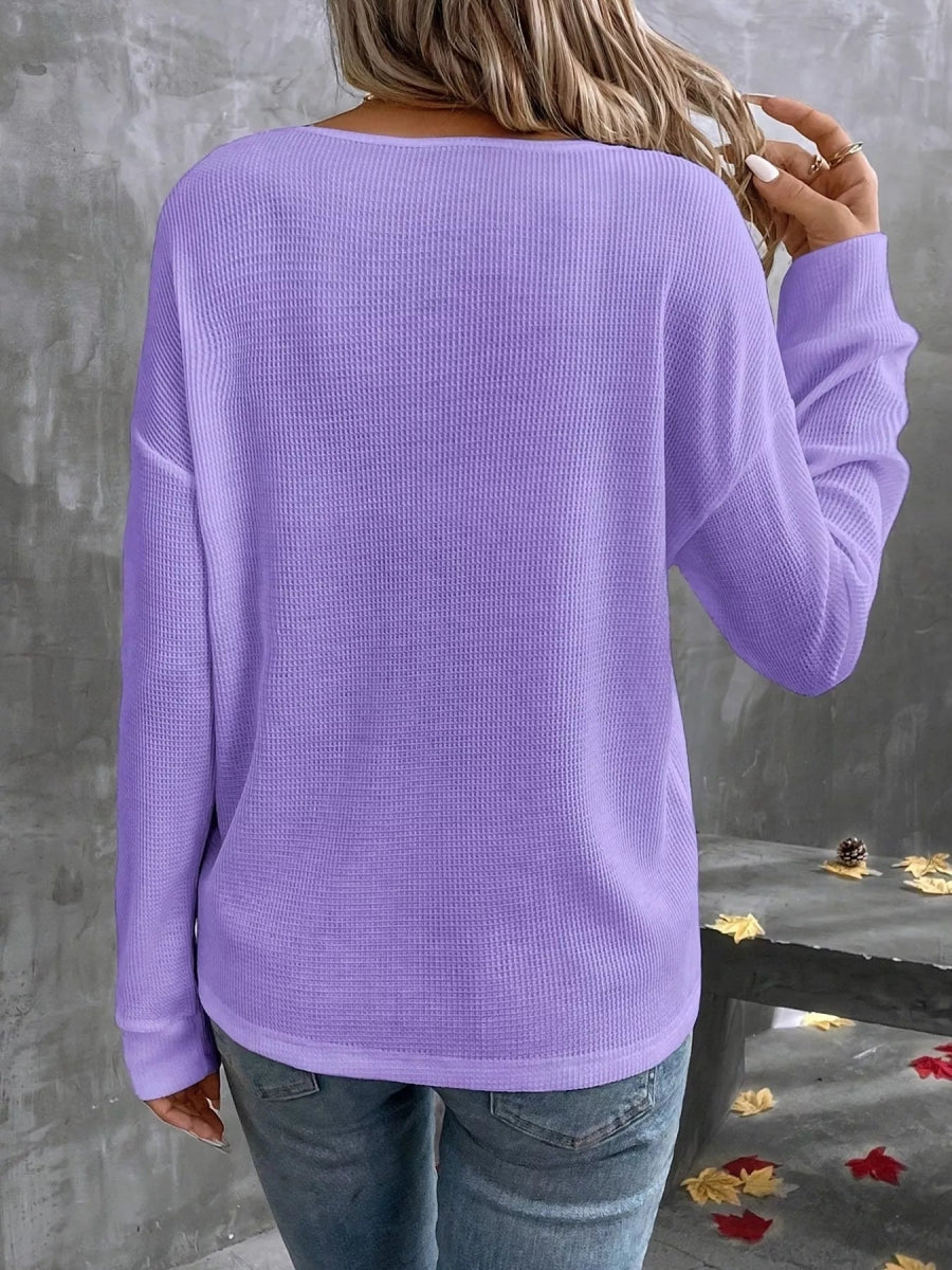 Plus Size V-Neck Long Sleeve Waffle Knit T-Shirt-Nordavory