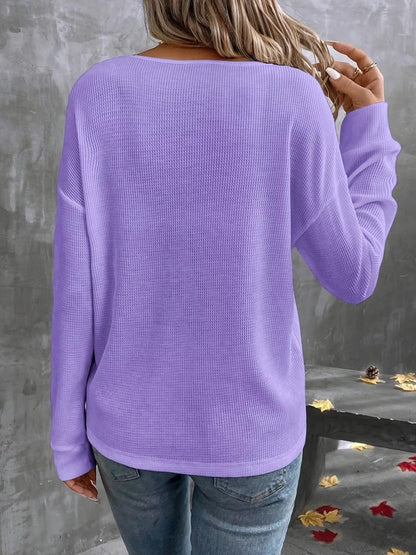 Plus Size V-Neck Long Sleeve Waffle Knit T-Shirt-Nordavory