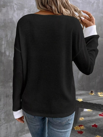 Plus Size V-Neck Long Sleeve Waffle Knit T-Shirt-Nordavory