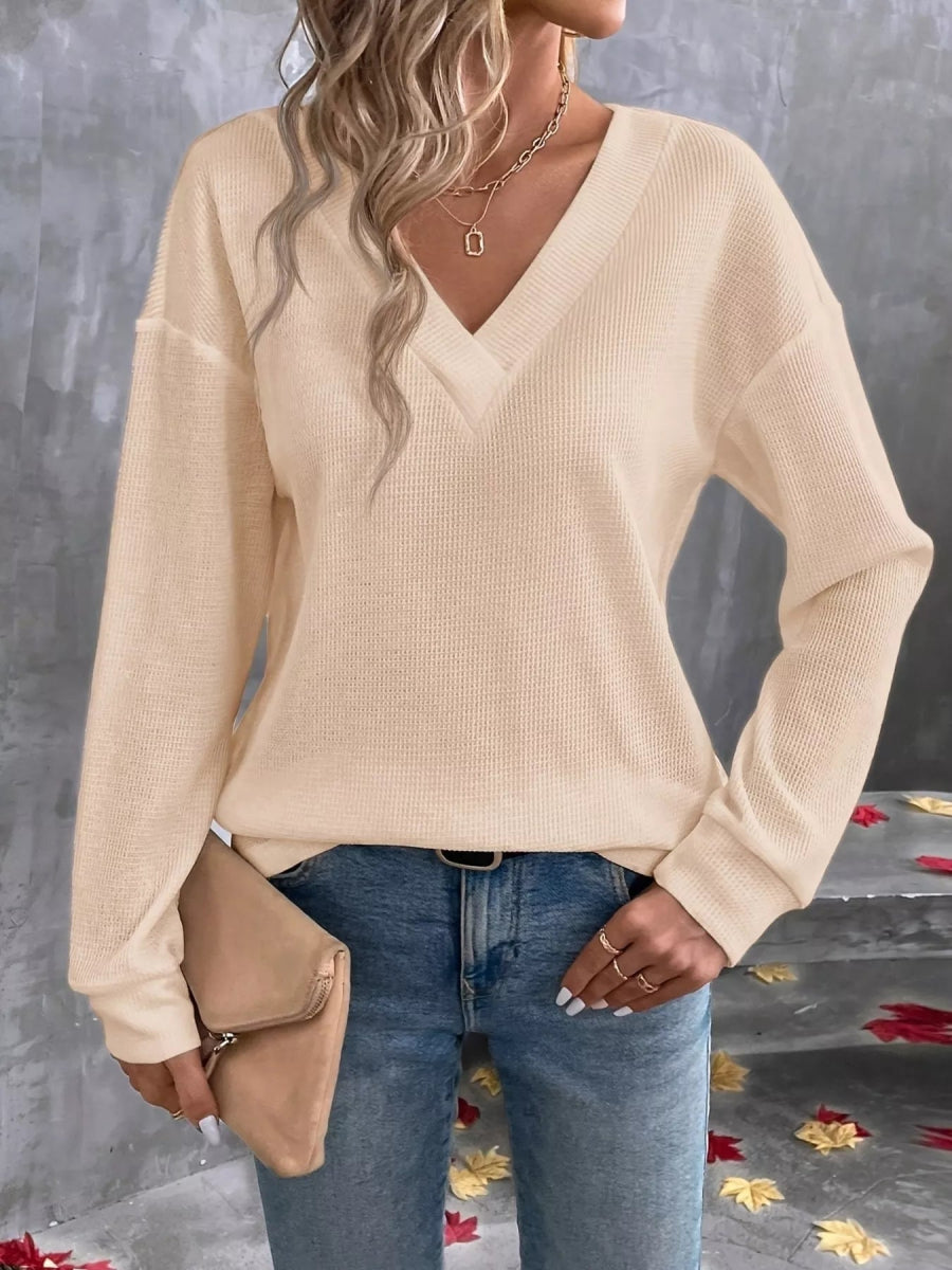 Plus Size V-Neck Long Sleeve Waffle Knit T-Shirt-Nordavory